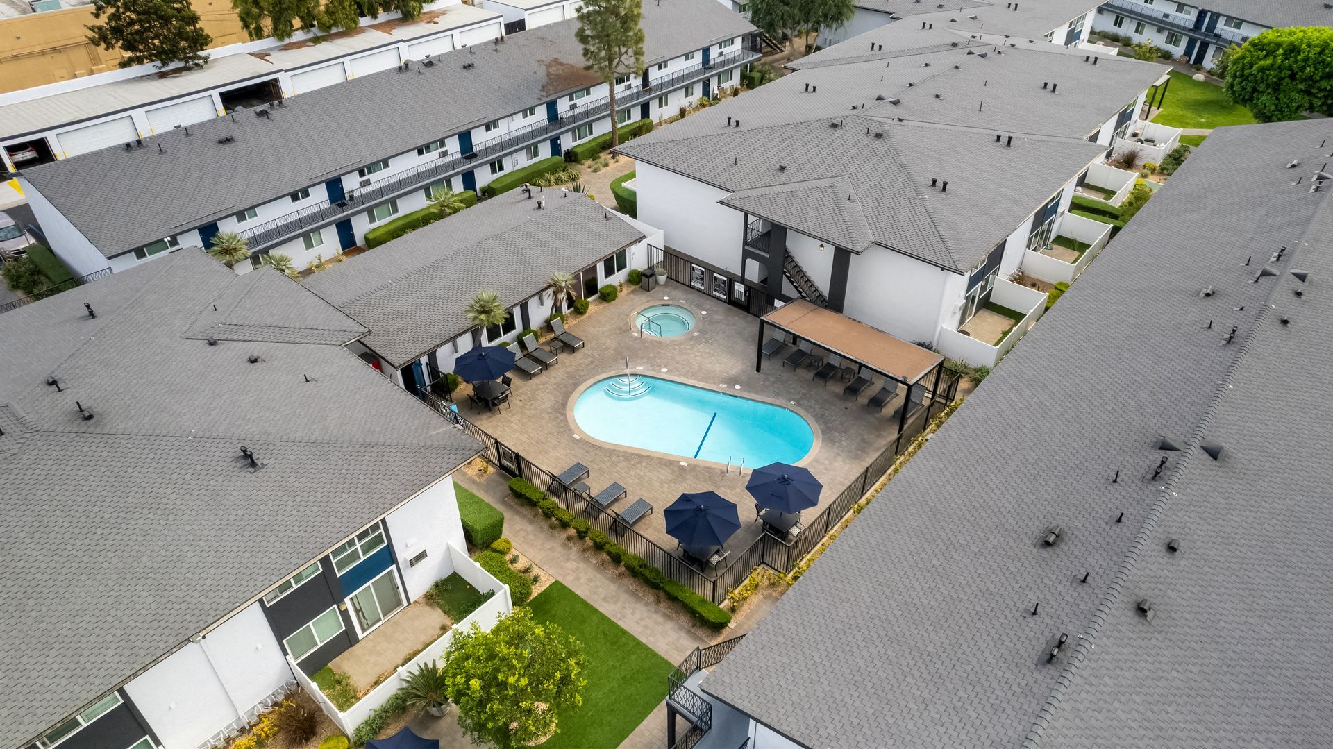 Pool and exterior building from above