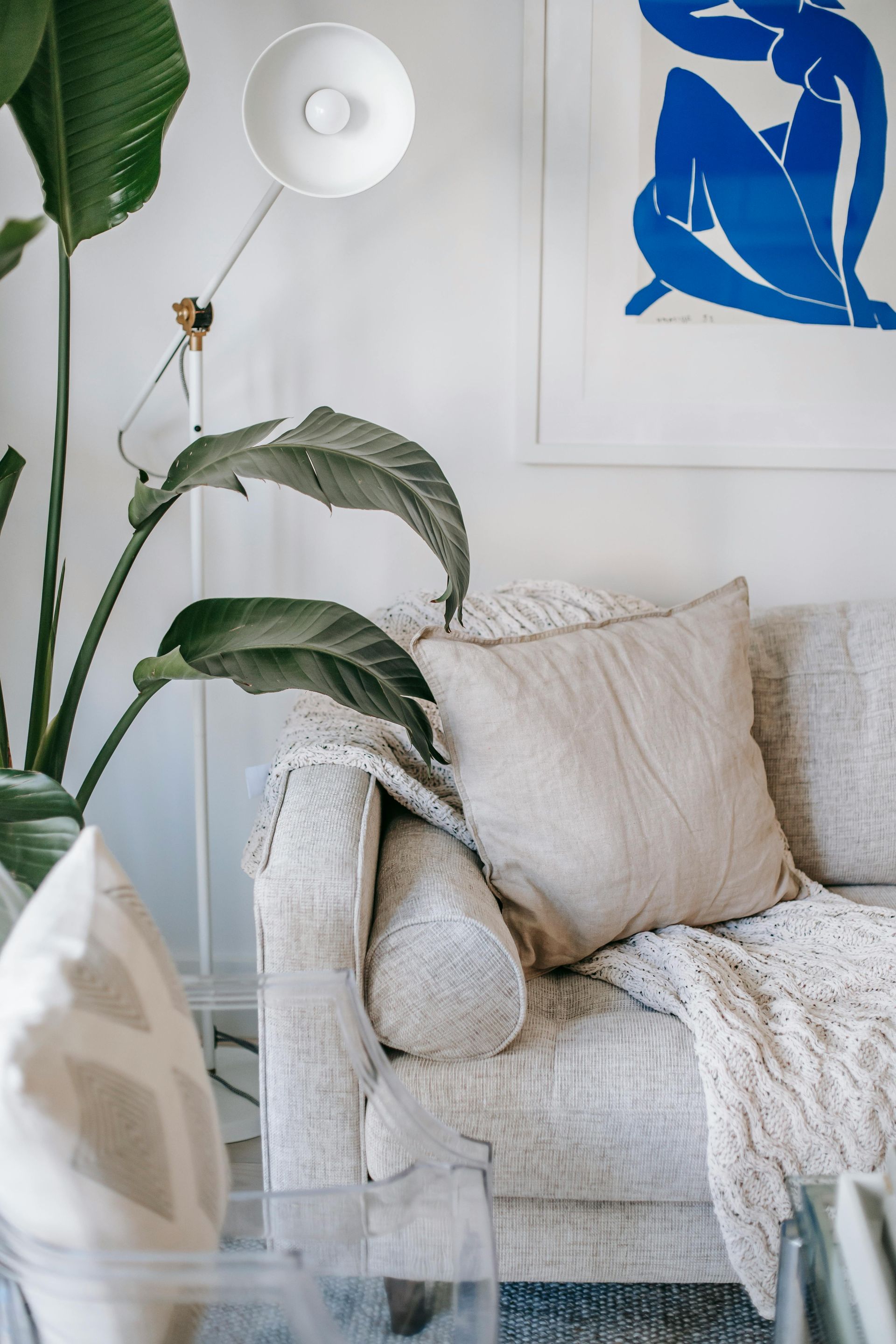 Cozy living room: Cream sofa with throw blanket and pillow, modern lamp, plant, framed blue art.