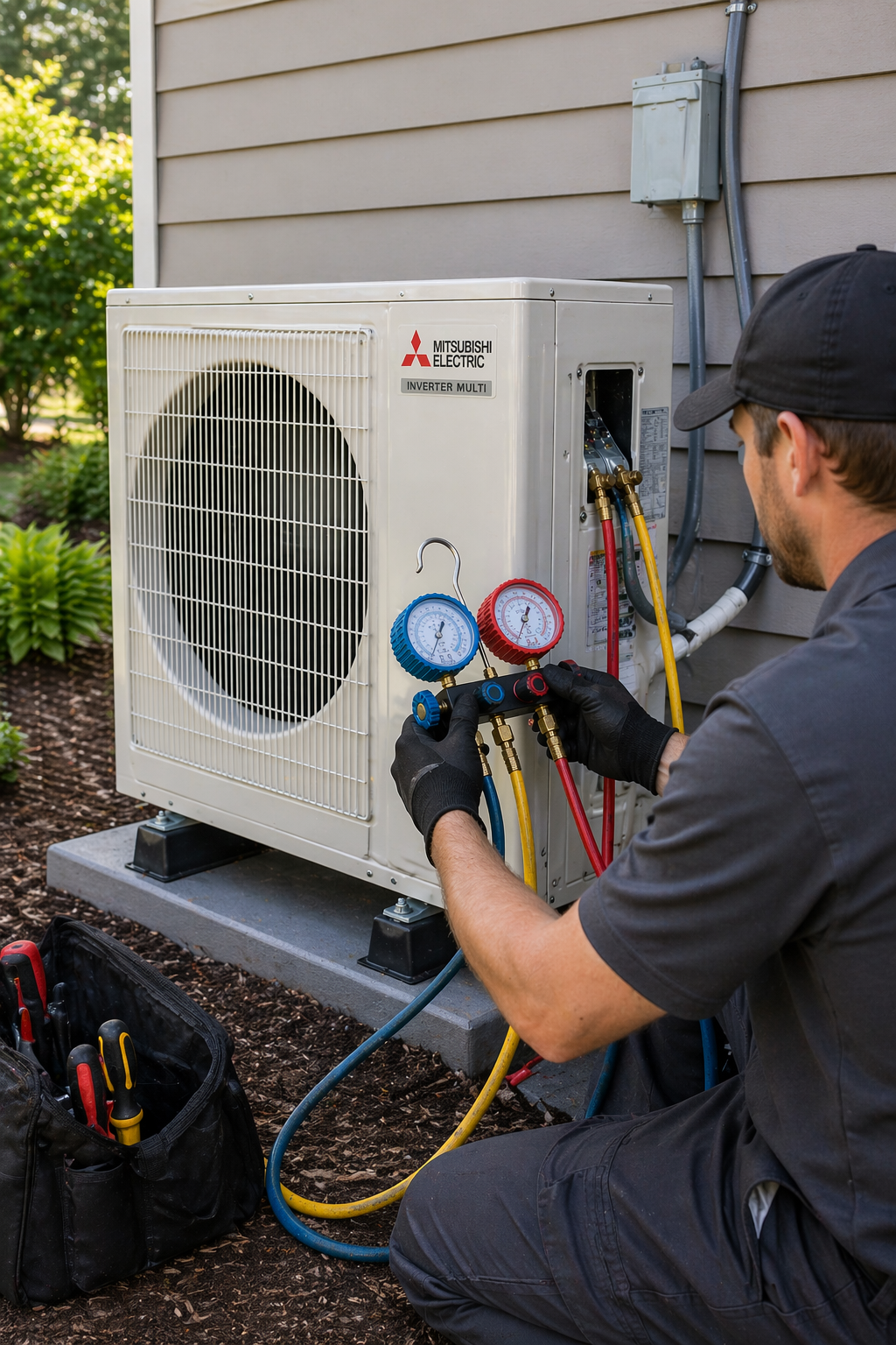 Technician performing maintenance on outdoor heat pump unit using gauges