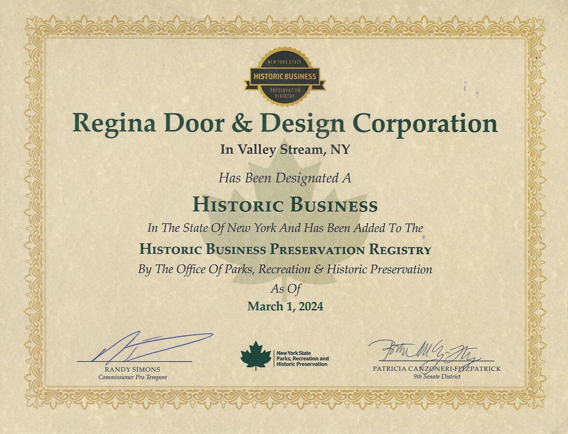 A certificate from regina door & design corporation in valley stream ny
