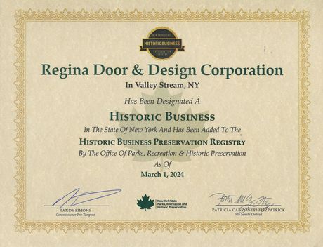 A certificate from regina door & design corporation in valley stream ny
