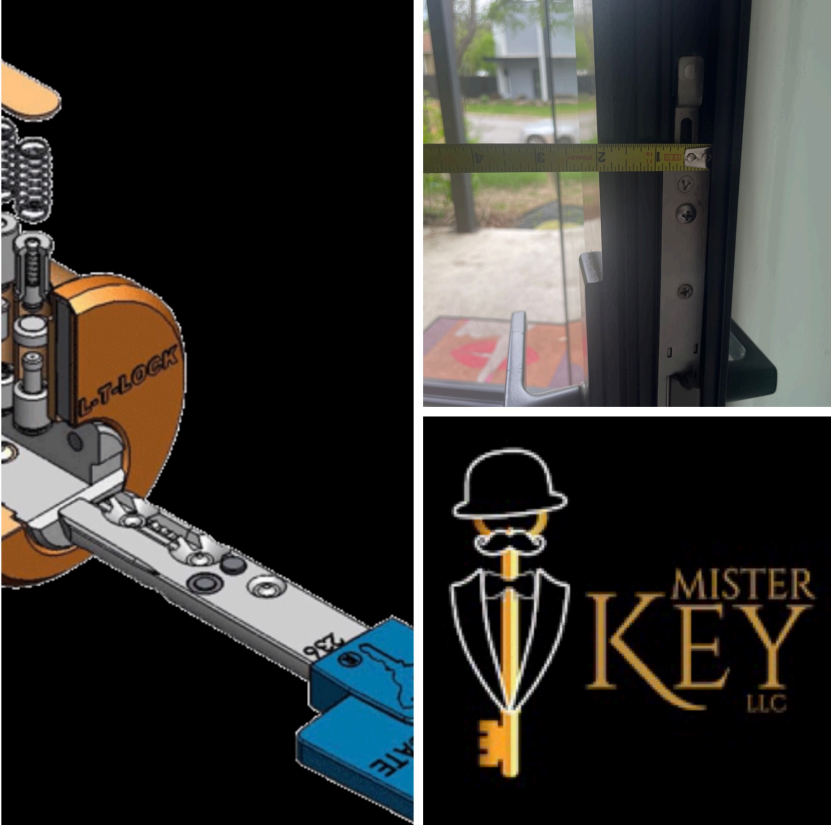 A drawing of a lock and a logo for mister key llc