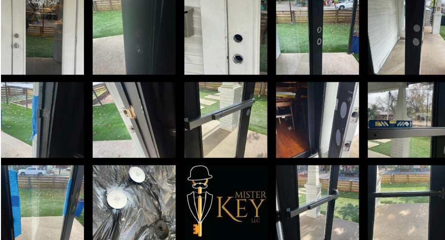 A collage of pictures of a door with a key on it.