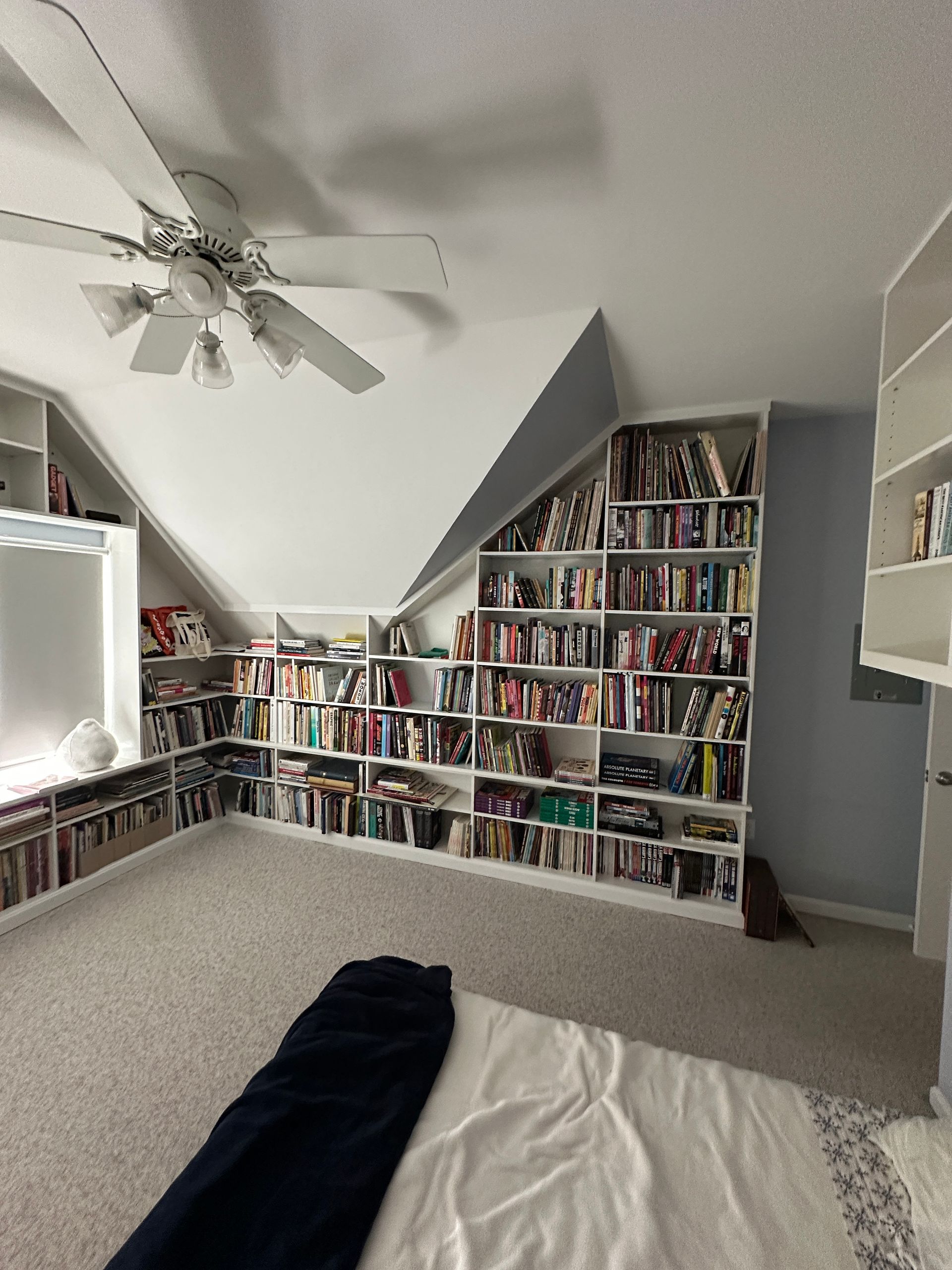 A bedroom with lots of bookshelves and a ceiling fan