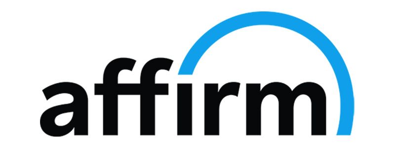 The Affirm logo in black text, featuring a blue arc extending from the letter 'm' back over the 'ir'.