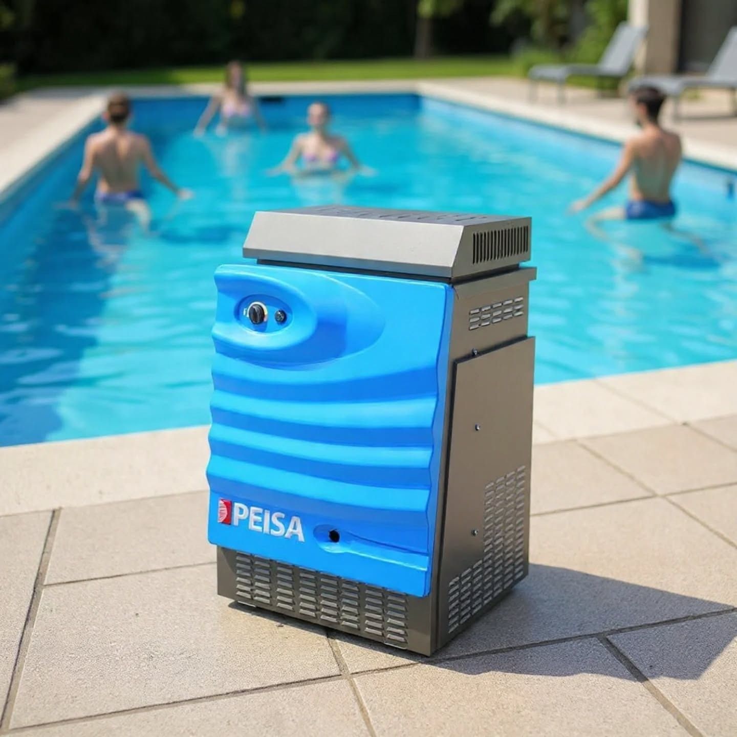 Calentador de piscina azul junto a una piscina; gente nada en el agua.