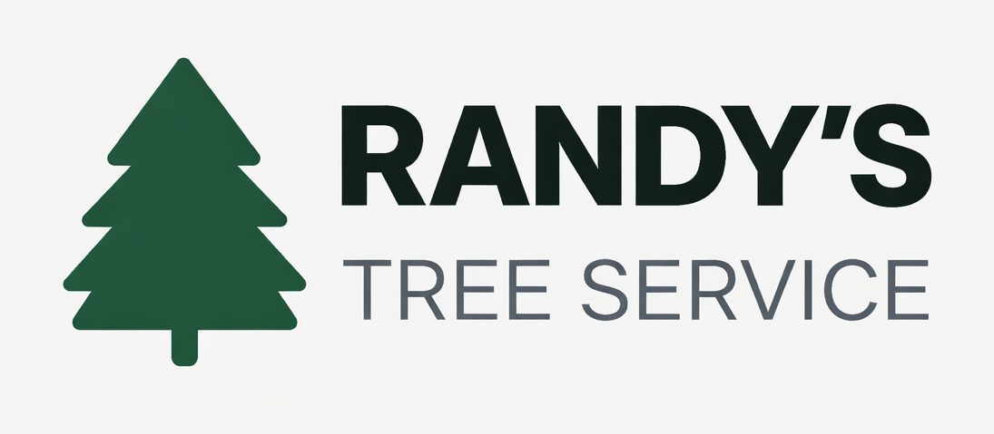 Logo for Randy's Tree Service: a dark green pine tree next to the company name in black, with 