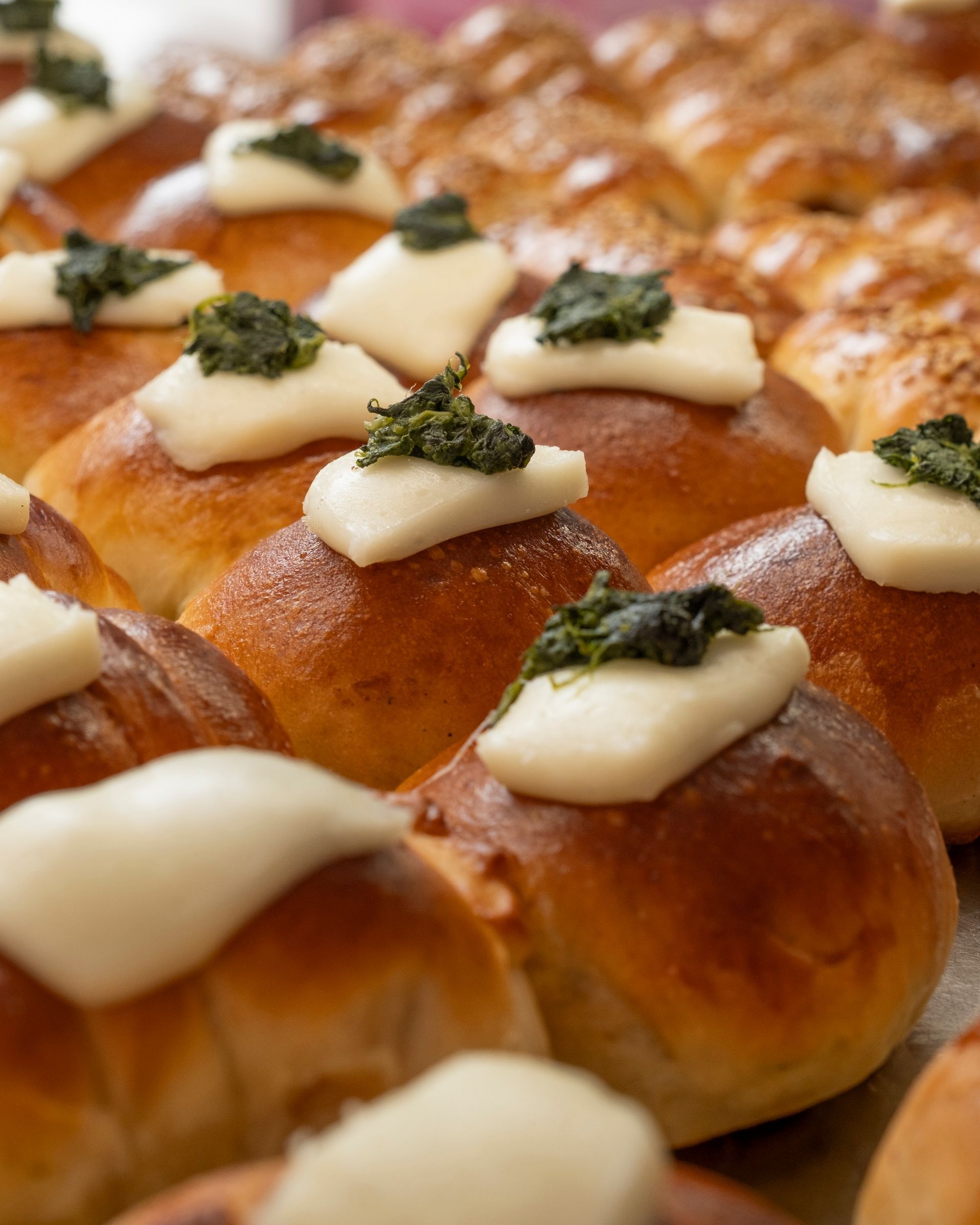 File di panini brioche dorati ricoperti di formaggio bianco e pesto verde.