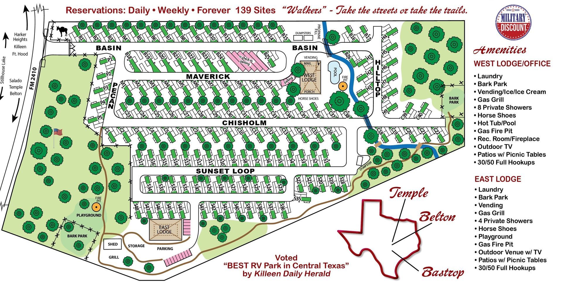 A map of a campground with a texas flag in the corner