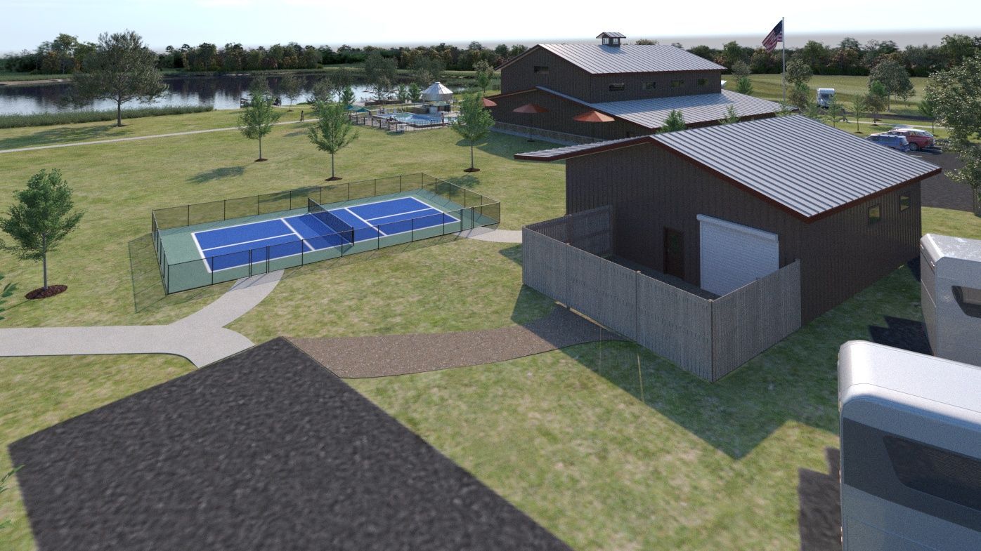 An aerial view of a rv park filled with lots of rvs.