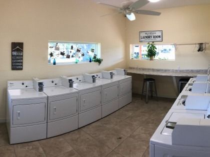 A laundromat with a sign that says laundry room