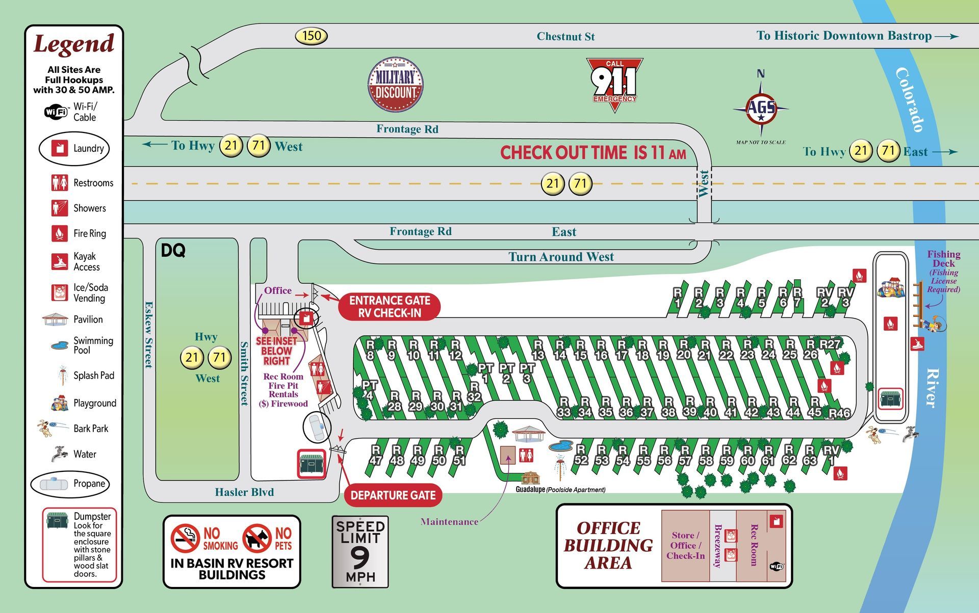 A map of a campground with the number 911 on it