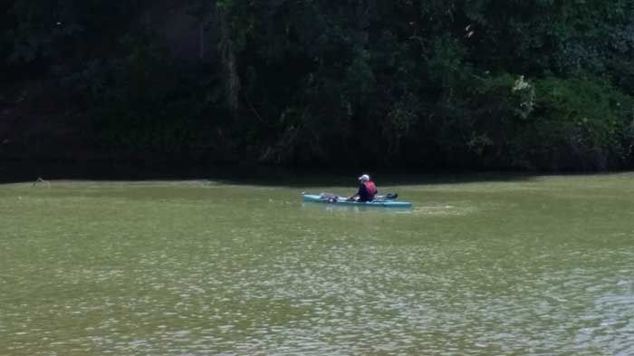 A person is riding a kayak on a river.