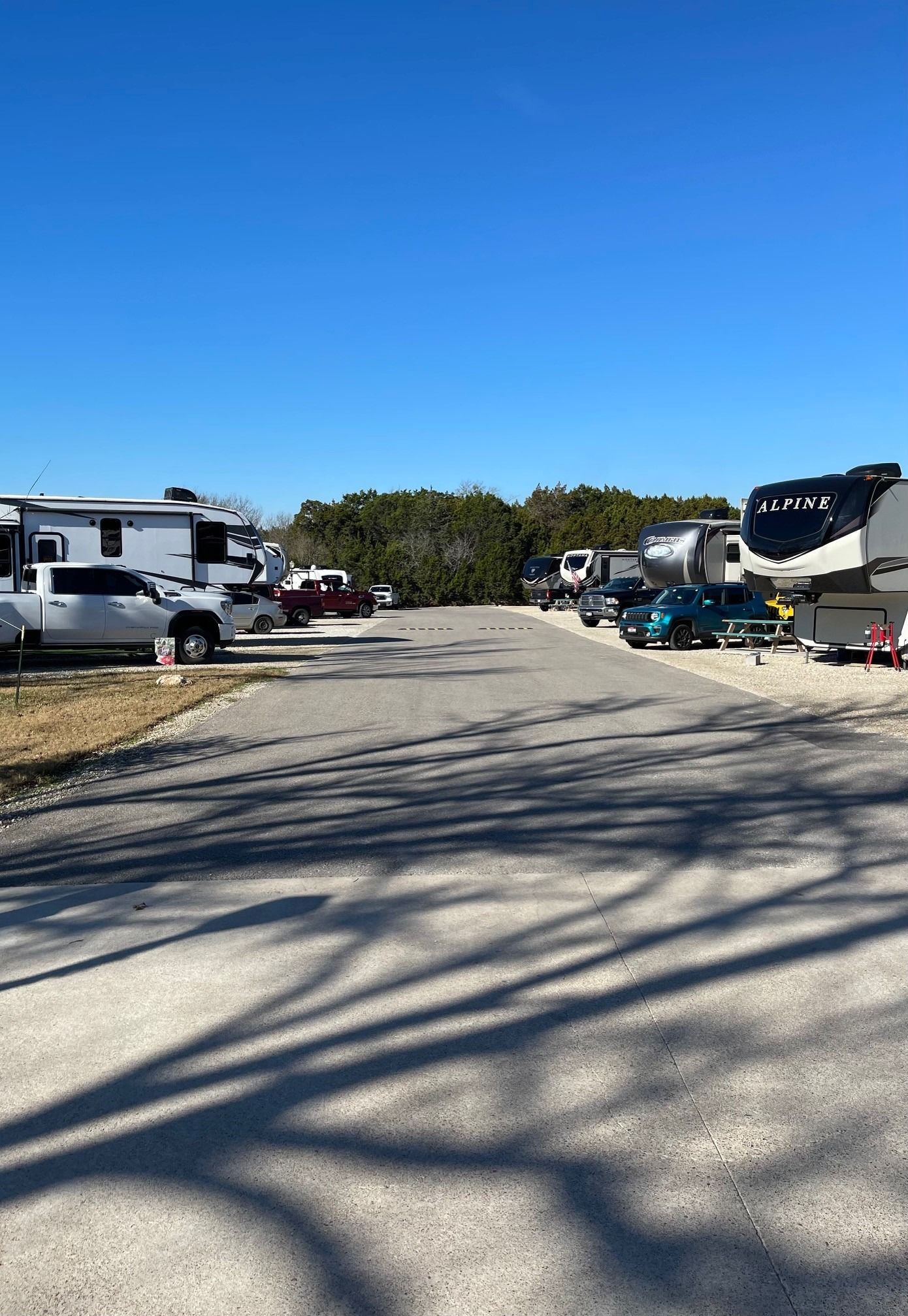 A row of rvs are parked on the side of a road.