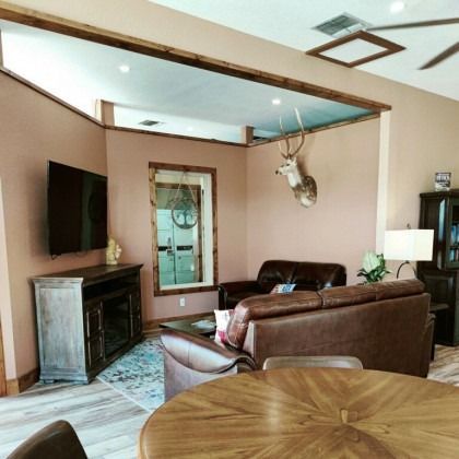 A living room with a deer head hanging from the ceiling