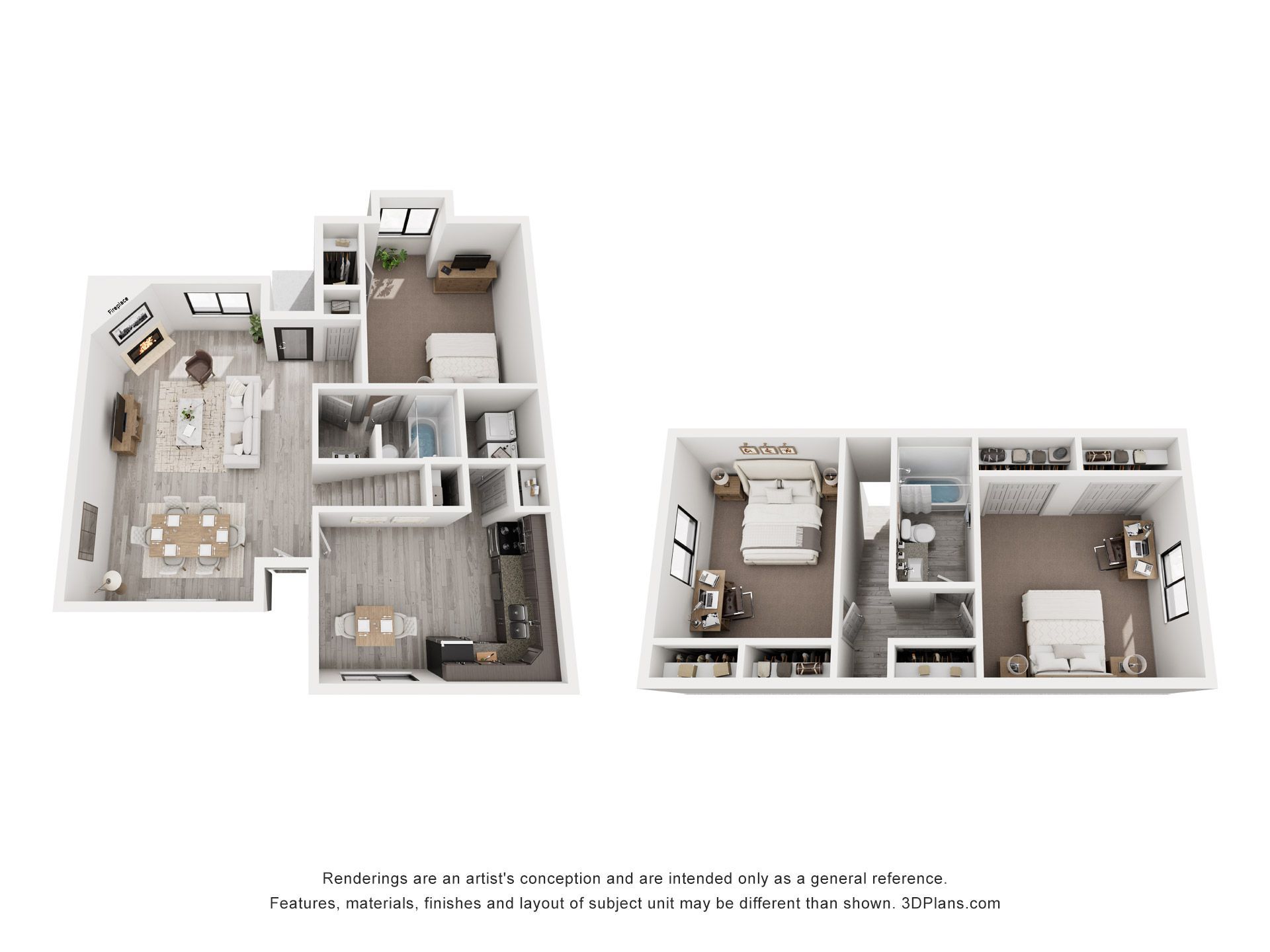 Aerial view of the floor plan of a townhouse. 3 beds, 2 baths.