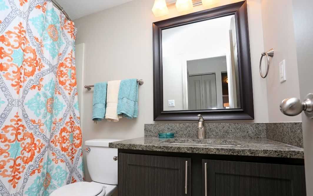 A bathroom with a toilet , sink , mirror and shower curtain.