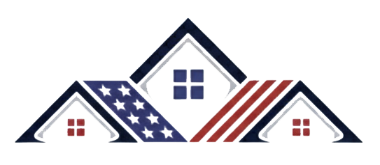 Logo with three house-shaped roofs, with American flag patterns.