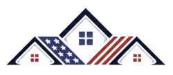 Logo with three house-shaped roofs, with American flag patterns.