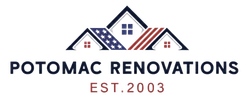 Logo for Potomac Renovations, featuring three stylized houses with the company name and established year.