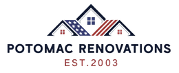 Logo for Potomac Renovations, featuring three stylized houses with the company name and established year.