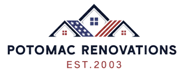 Logo for Potomac Renovations, featuring three stylized houses with the company name and established year.