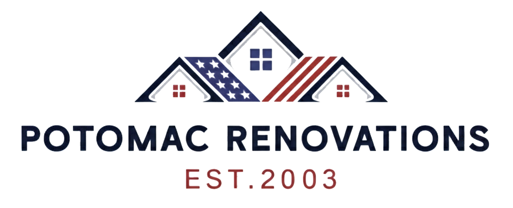 Logo for Potomac Renovations, featuring three stylized houses with the company name and established year.