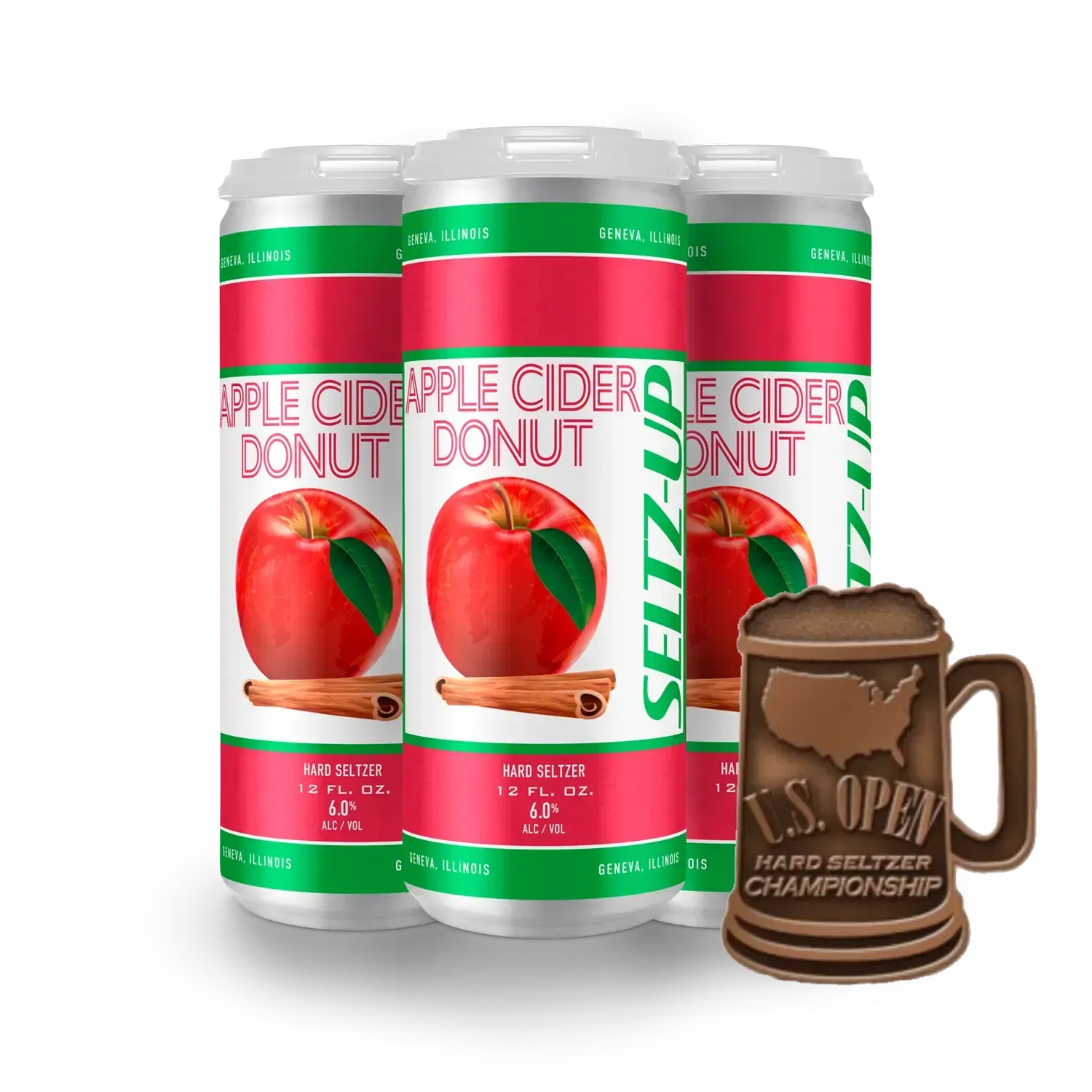 Four cans labeled “Apple Cider Donut” with a brown mug in front, on a white background
