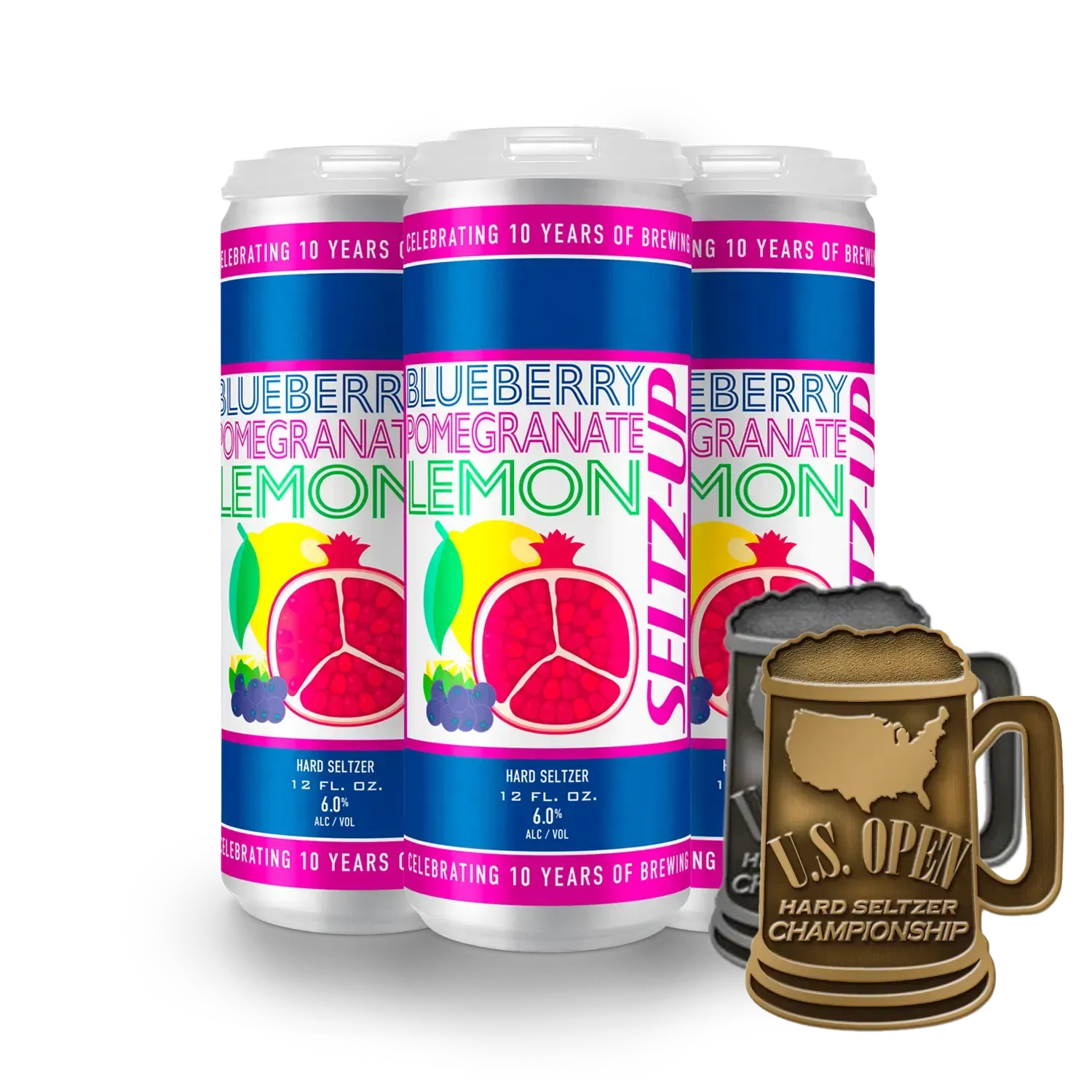 Colorful blueberry pomegranate lemon beverage cans beside a small S.O.P. cup-shaped trophy