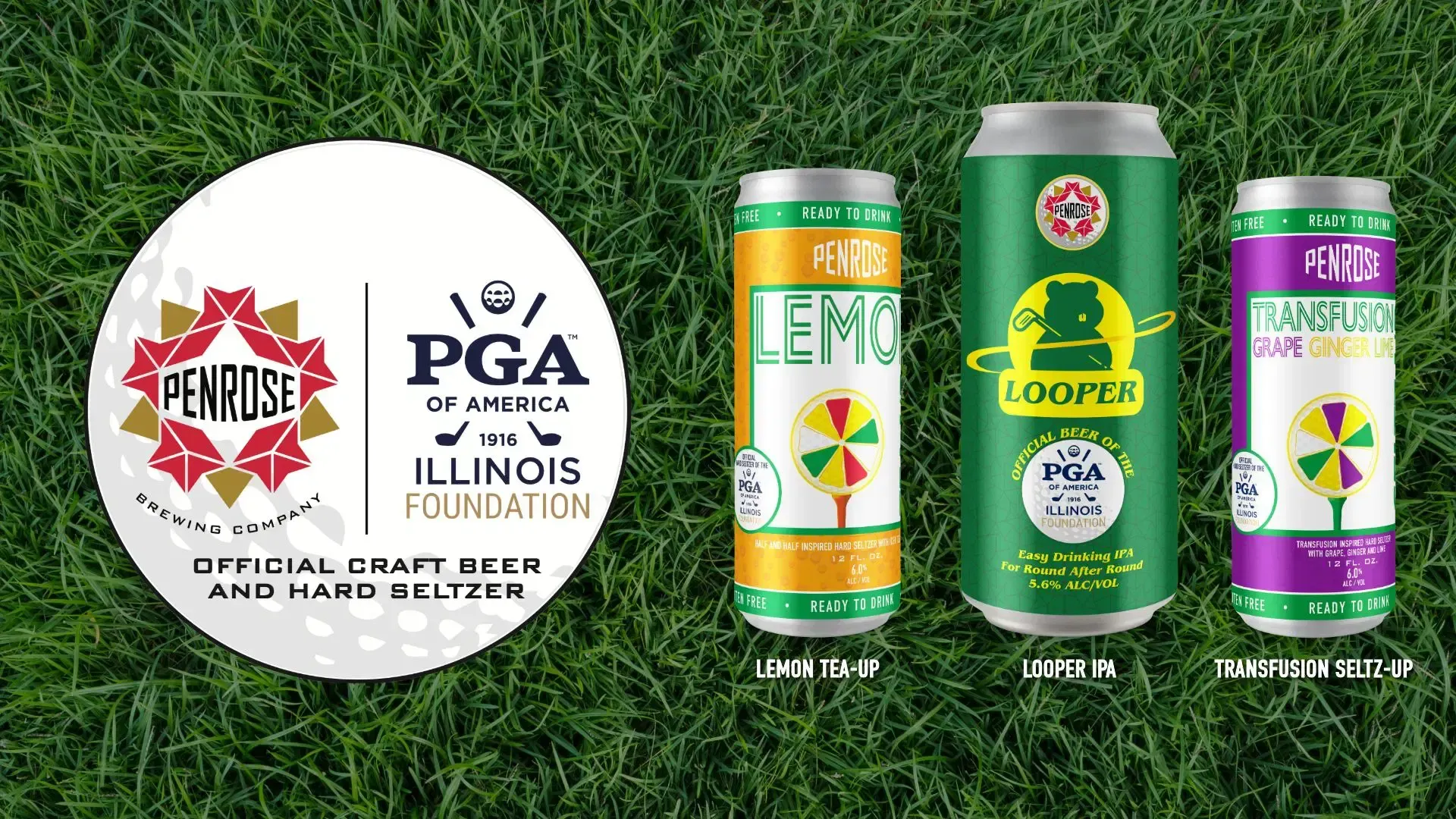 Penn State and Illinois football craft beer cans on grass, including Lemon and Cooper labels