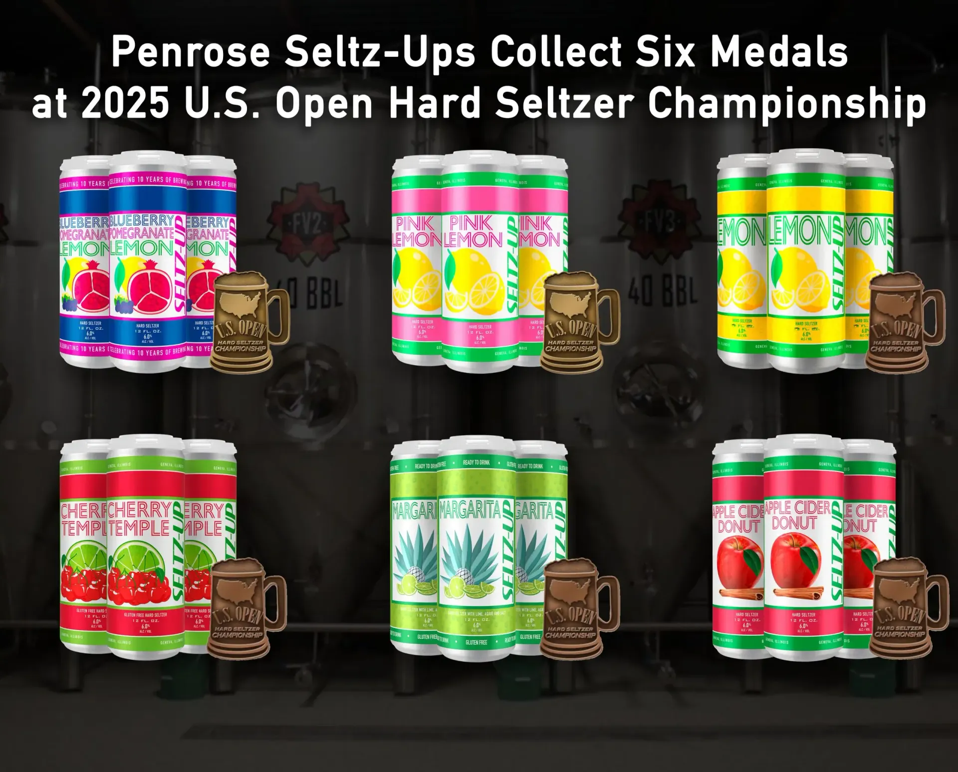 Penrose seltzer cans displayed with six medal icons and championship title text