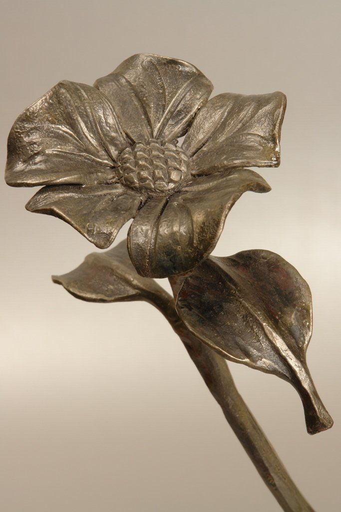 תקריב של פרח מתכת עם עלה על רקע לבן.