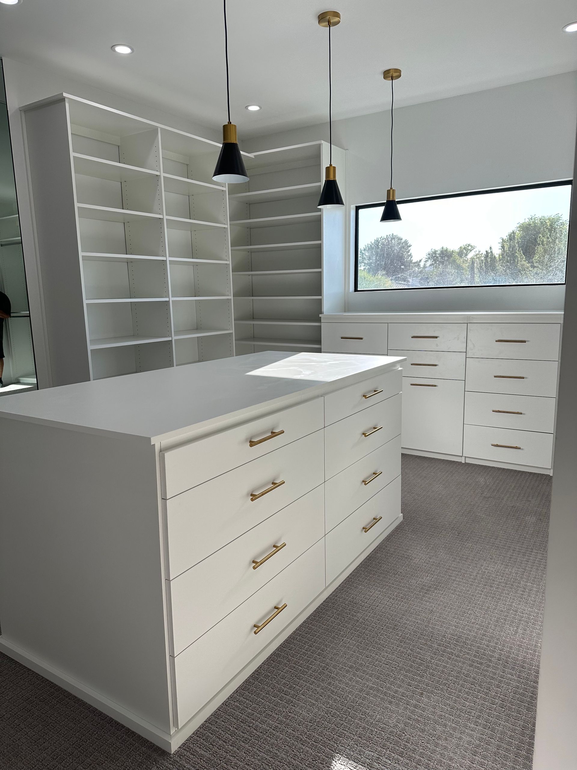 A walk in closet with lots of drawers and shelves