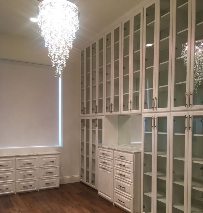 A closet with lots of glass doors and drawers