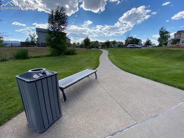 A park with a bench and a trash can