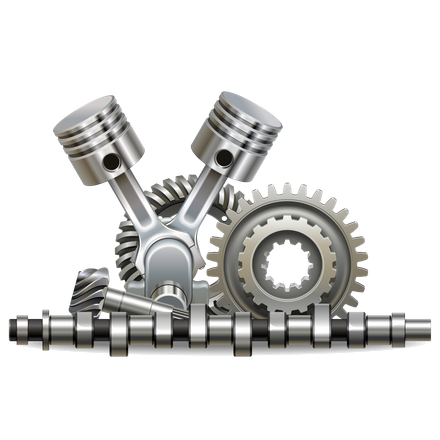 A picture of pistons , gears and a camshaft on a white background.