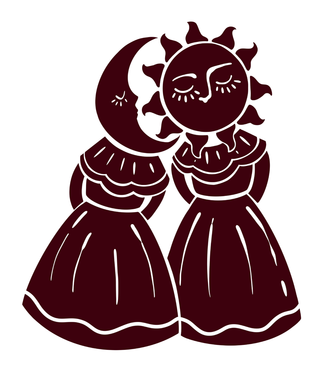 A couple of women standing next to each other with a sun and a crescent moon on their heads.