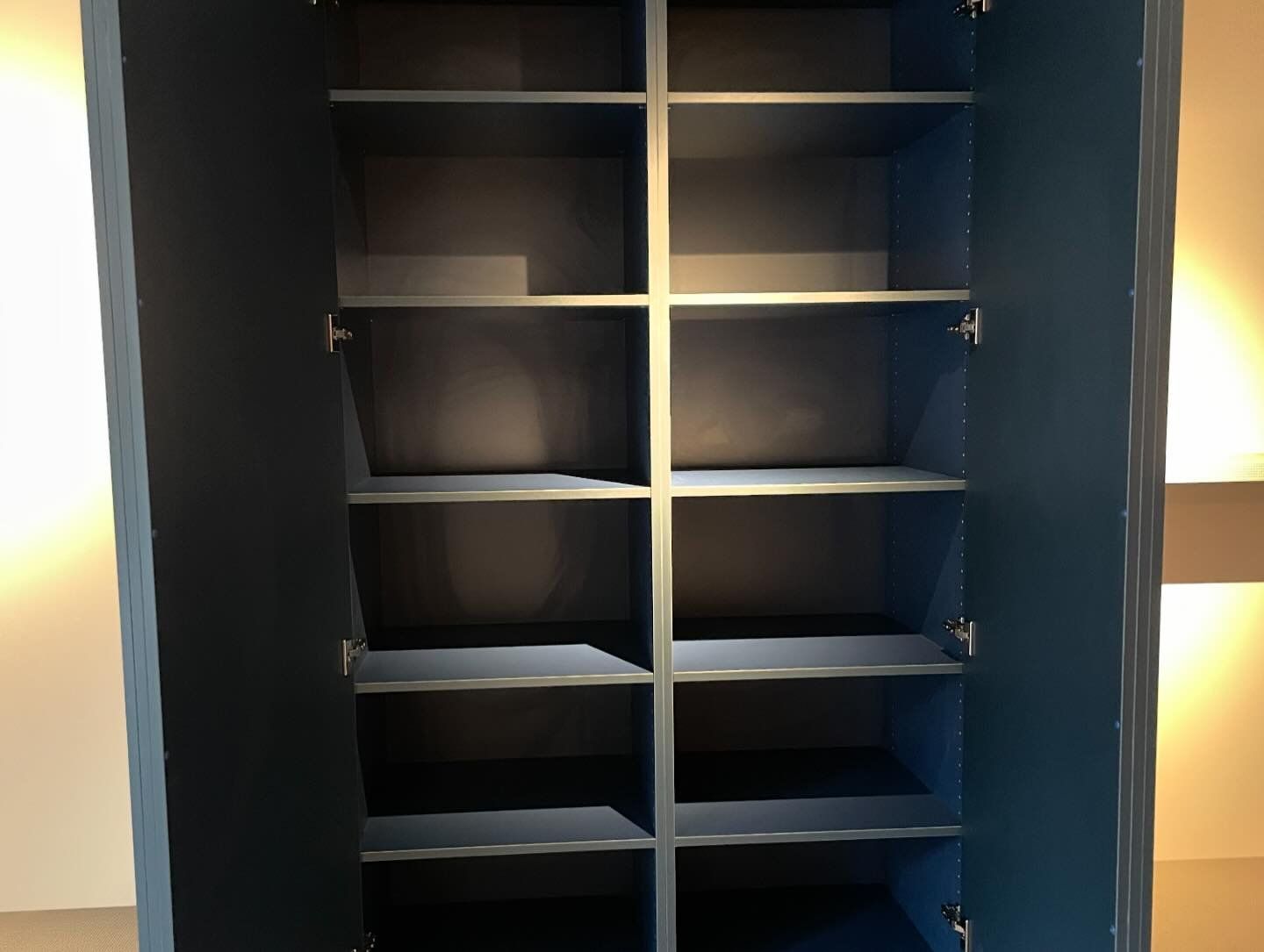 Een blauwe kast met veel planken erin