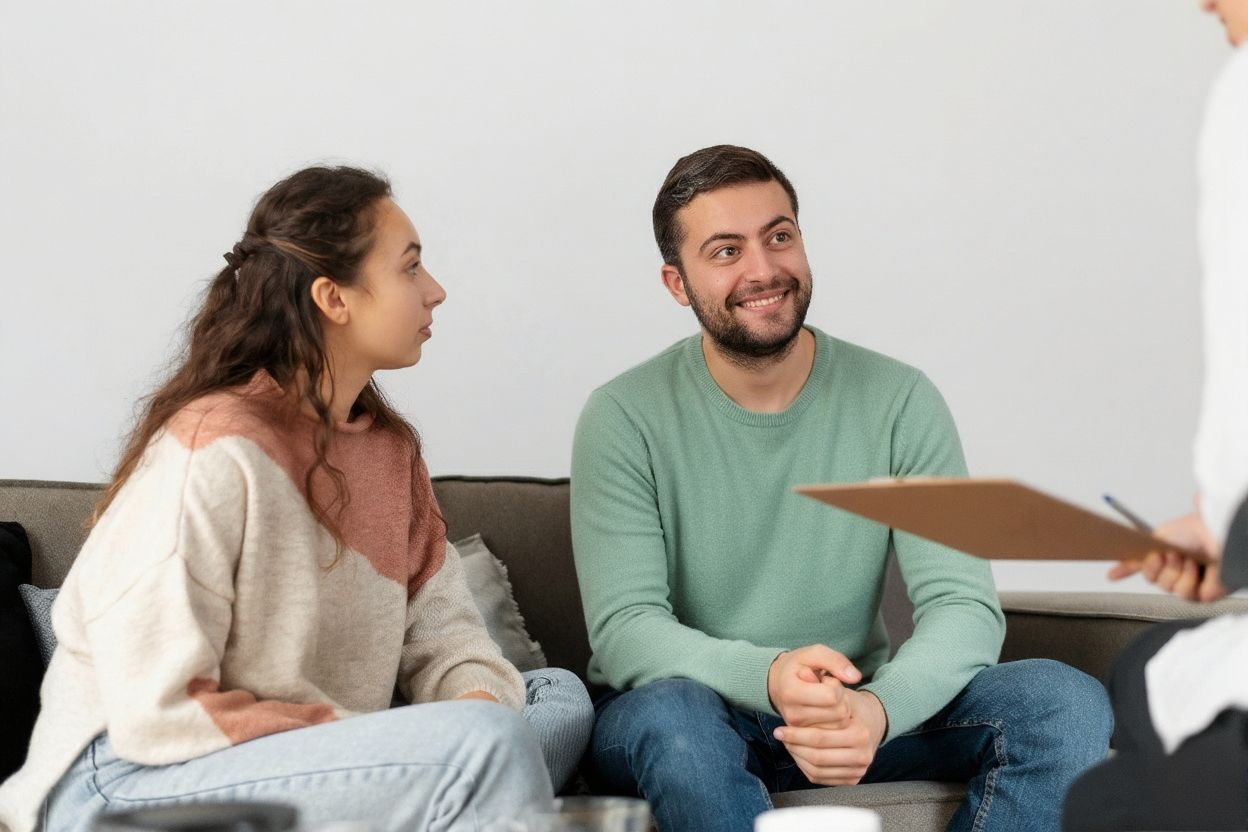 Couple on sofa talking to person holding a clipboard. Man smiles; woman looks on.