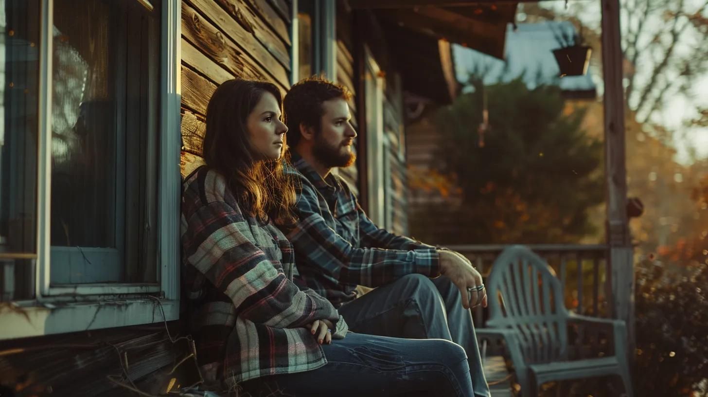 Two people sit on a porch in plaid jackets, looking out at a warm sunset.