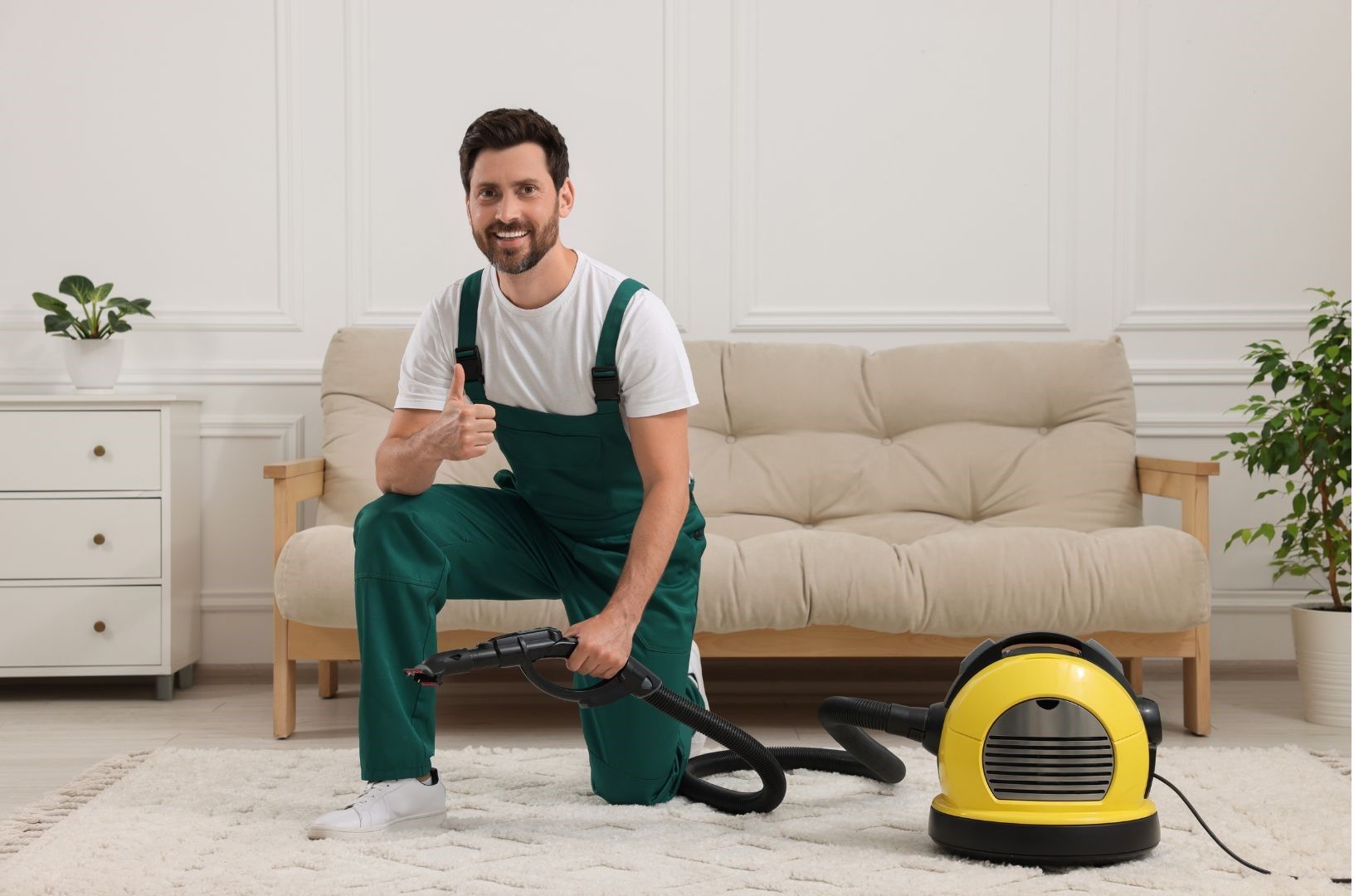A man is kneeling down next to a vacuum cleaner in a living room.