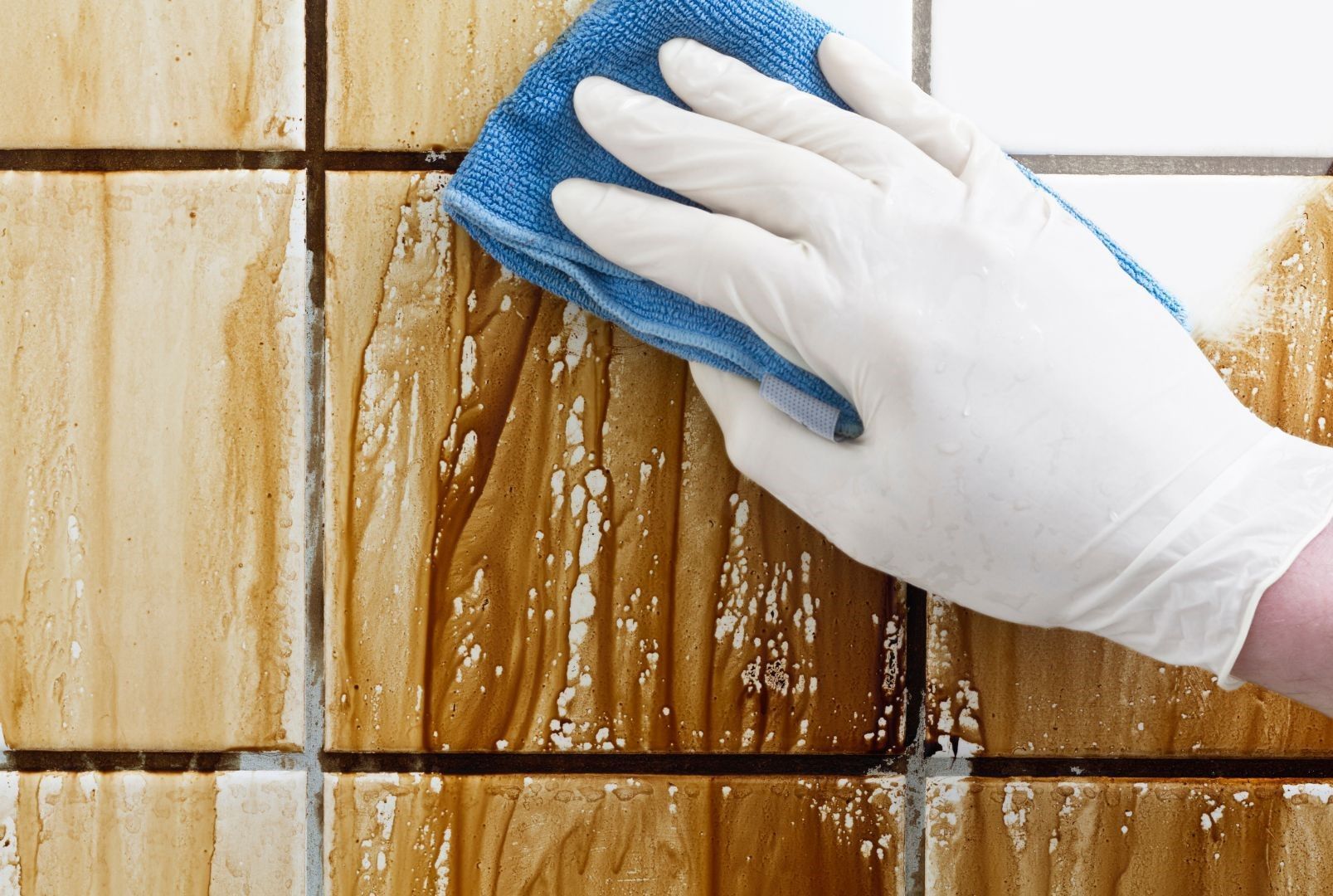 A person wearing gloves is cleaning a tile wall with a sponge.