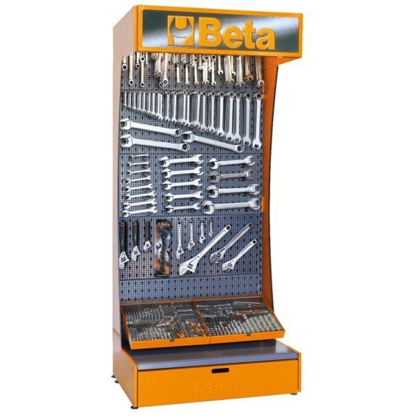 Espositore portautensili Beta arancione con chiavi inglesi e bussole.