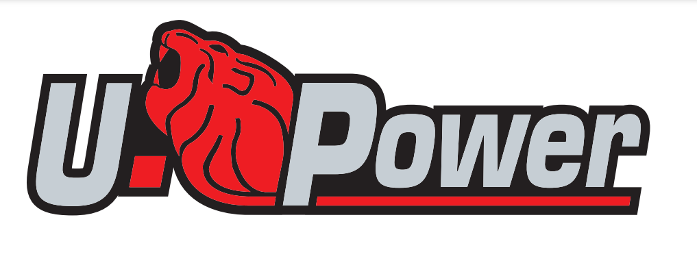 Logo U. Power: lettere grigie, testa di serpente rossa e linee rosse e nere.