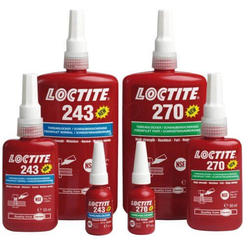 Flaconi di adesivo frenafiletti Loctite, rossi con ugelli bianchi, di varie dimensioni, alcuni con logo NSF verde.