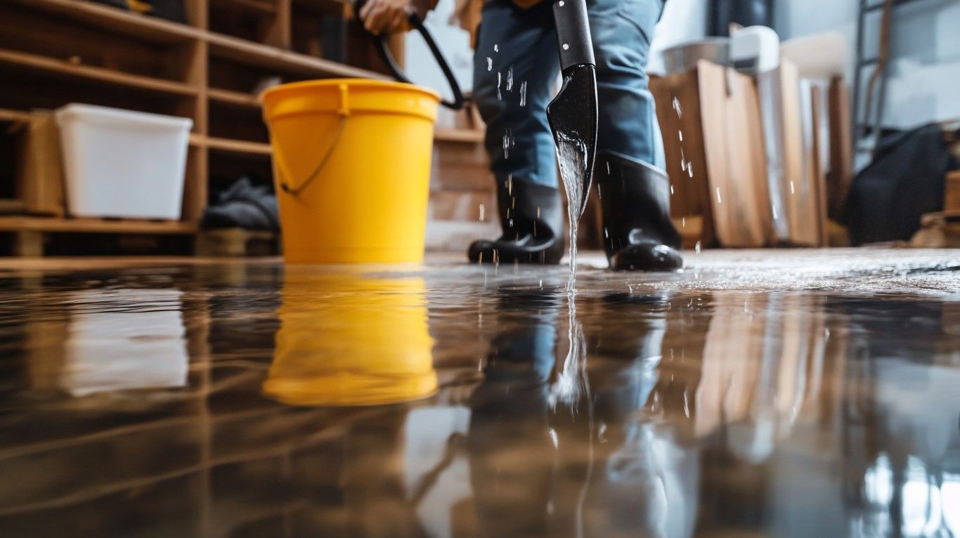 Person mopping a flooded wooden floor in a workshop, with a yellow bucket reflecting in the water.