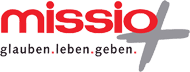 A red and white logo for mission glauben leben geben