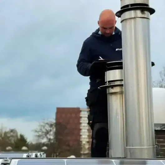 Vakkundige dakdekker aan het werk op een plat dak tijdens dak inspectie in Zwolle