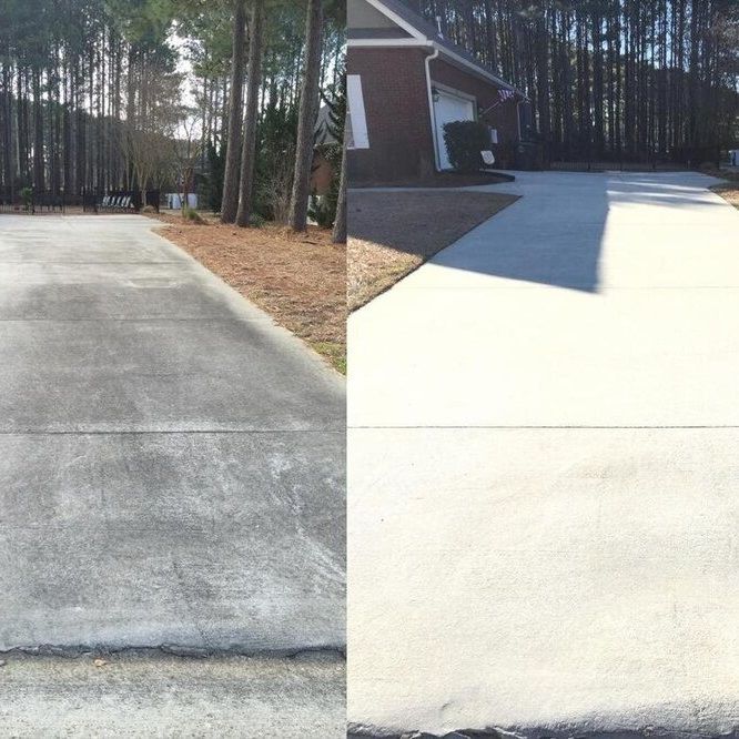 Split image showing a dirty driveway before pressure washing on the left and a clean, bright driveway on the right.