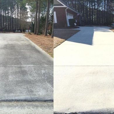Split image showing a dirty driveway before pressure washing on the left and a clean, bright driveway on the right.